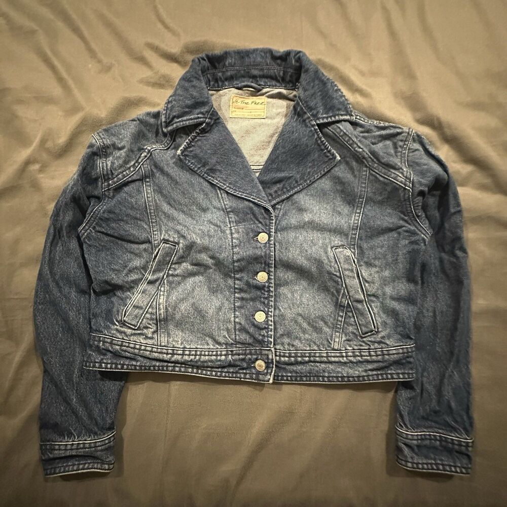 We The Free People Denim Jacket Cropped Womens Small Jean Boxy Blue - Picture 1 of 8